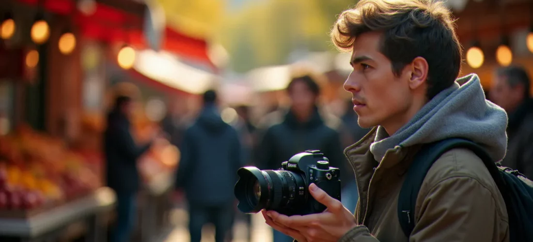 Photographe tenant un appareil photo sur un marché en plein air, illustrant la question du droit à l'image et de la photo sans consentement