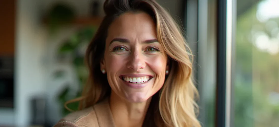 Portrait en lumière naturelle d'une femme souriante sans montrer ses dents, prise près d'une fenêtre avec un éclairage doux et diffus