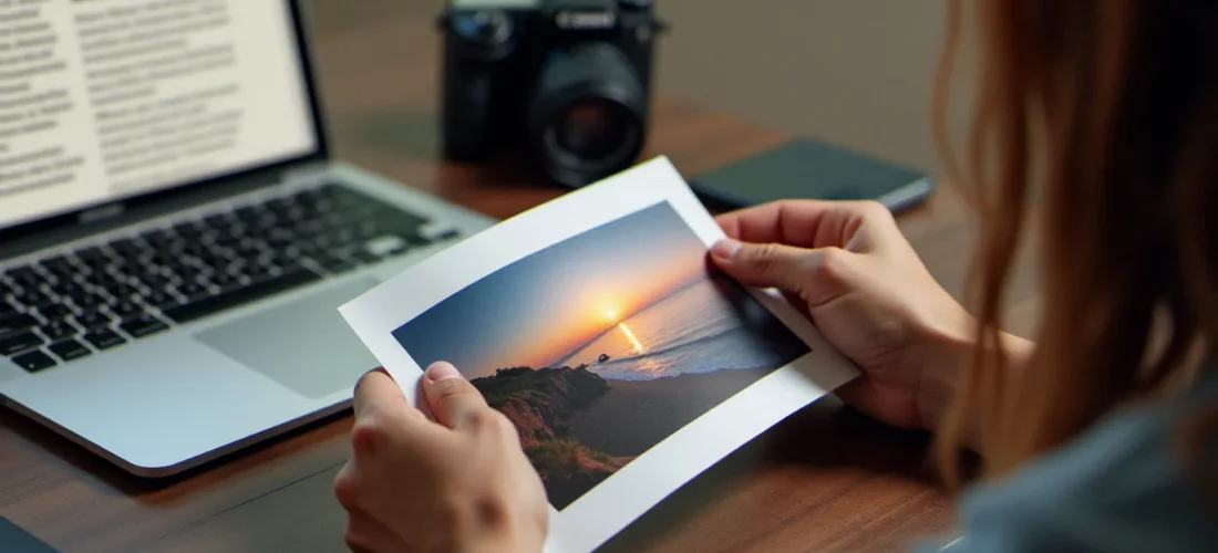 Mains de photographe tenant une photo sans droit sur un bureau en bois, avec un écran affichant une licence Creative Commons en arrière-plan