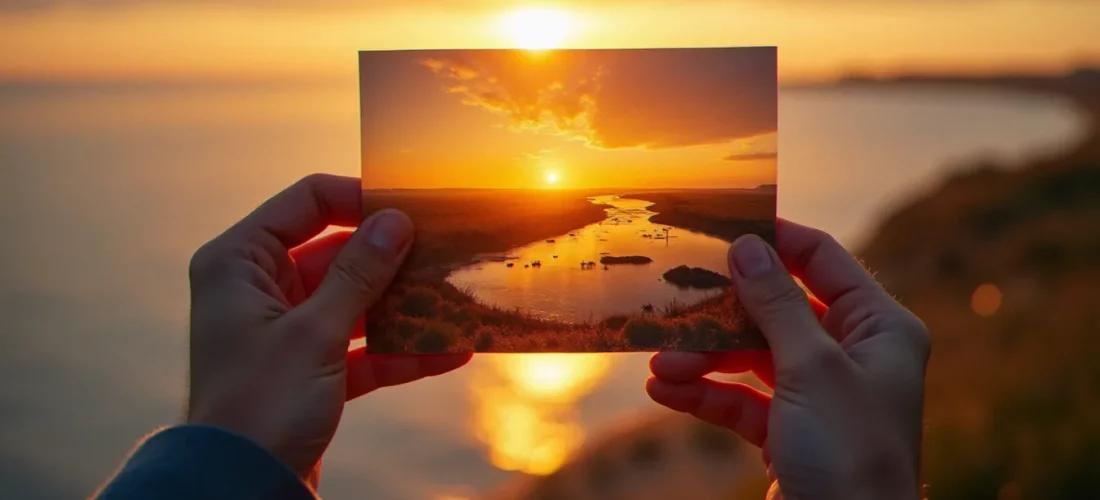 Photographe tenant une photo sans filigrane d'un lever de soleil sur les marais charentais, lumière dorée naturelle