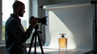 Photographe en studio réalisant une photo sans fond d'un flacon de parfum sur fond gris neutre avec éclairage naturel latéral