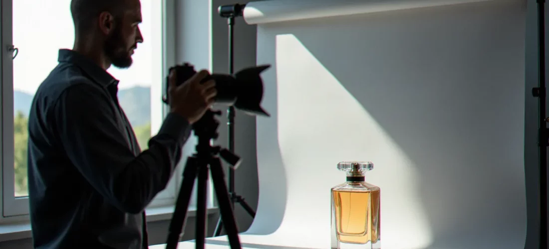 Photographe en studio réalisant une photo sans fond d'un flacon de parfum sur fond gris neutre avec éclairage naturel latéral
