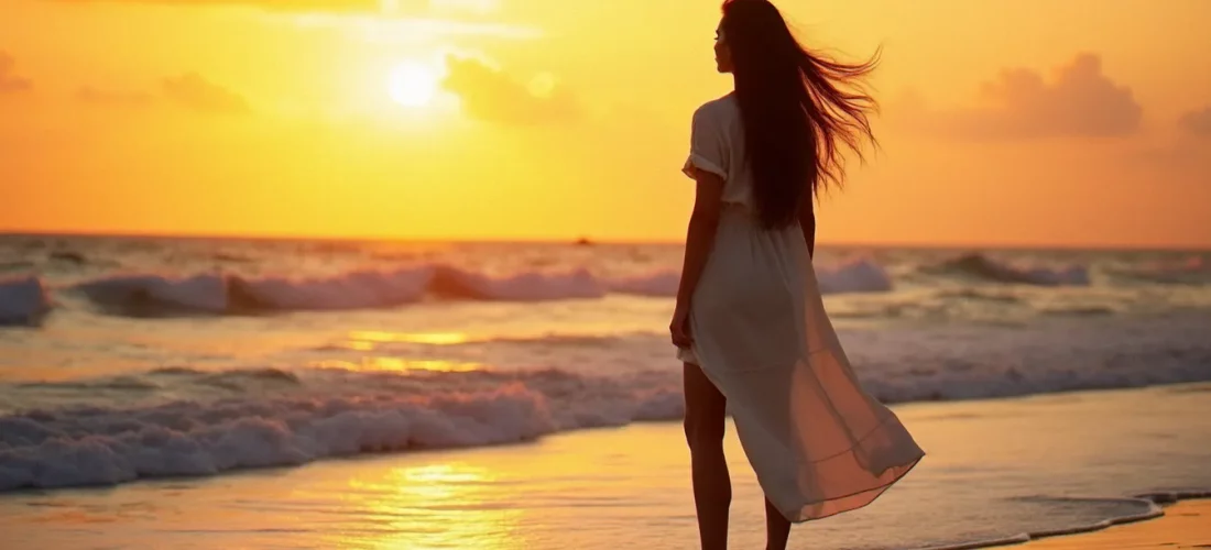Silhouette d'une femme photographiée de dos face à l'océan Atlantique au coucher du soleil, exemple poétique de photo sans identité en lumière naturelle dorée
