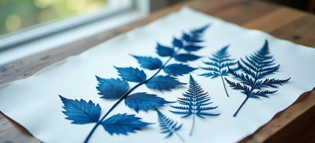 Photogramme cyanotype représentant des fougères et feuilles en silhouettes bleues sur papier blanc — exemple de photo sans photo par contact à la lumière naturelle