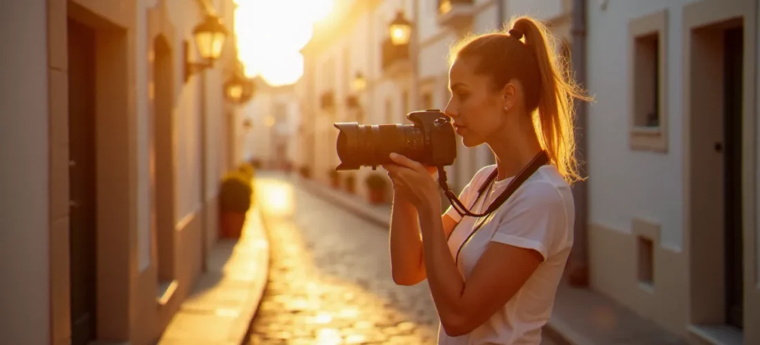 Photographe professionnelle en lumière naturelle dans une rue pavée d'une ville côtière française, cherchant le meilleur photographe autour de moi