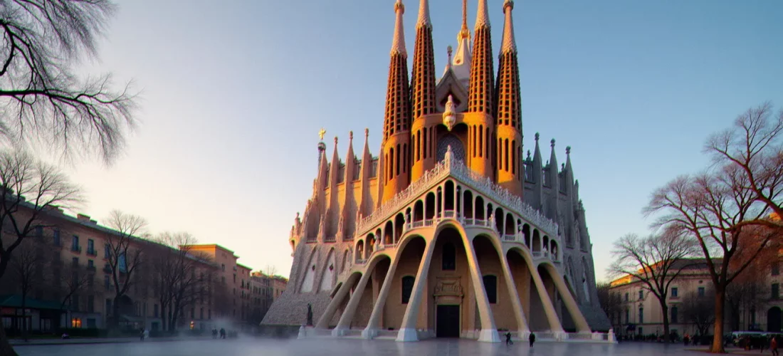 Façade de la Nativité de la Sagrada Família baignée dans la lumière dorée du lever du soleil, illustration idéale pour réussir ses photos de Sagrada Família