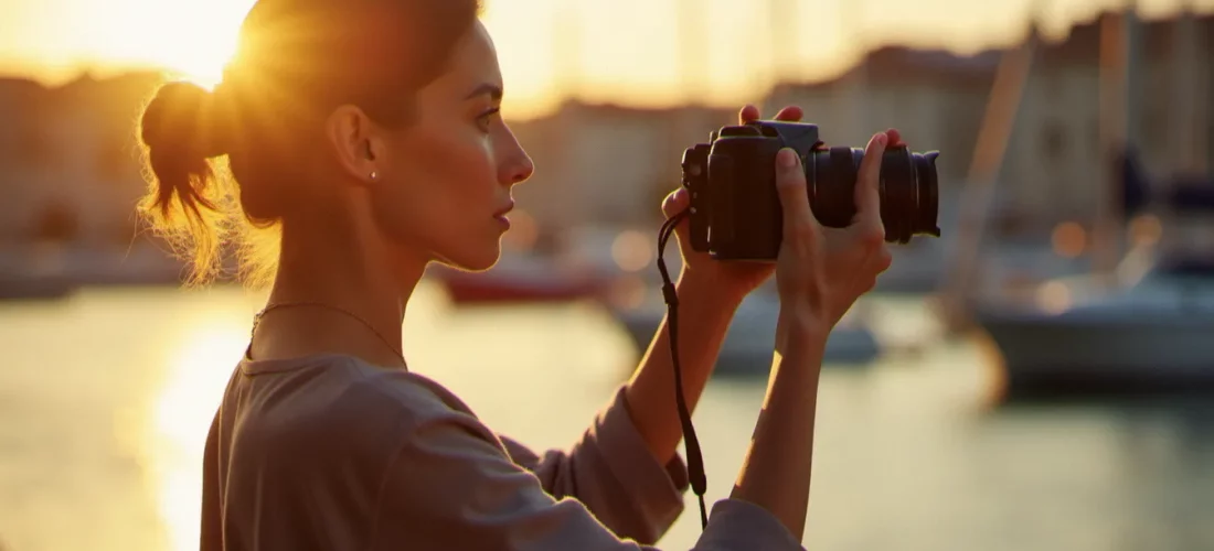 Photographe en 2016 capturant une scène en lumière naturelle dorée au bord d'un port, illustrant la question pourquoi photo 2016