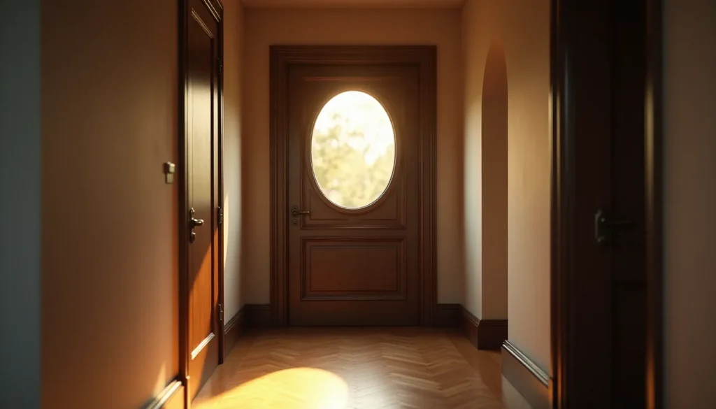 oculus pour porte interieure featured Couloir d'appartement haussmannien avec une porte intérieure en bois sombre équipée d'un oculus pour porte intérieure laissant passer un halo de lumière naturelle dorée sur le parquet