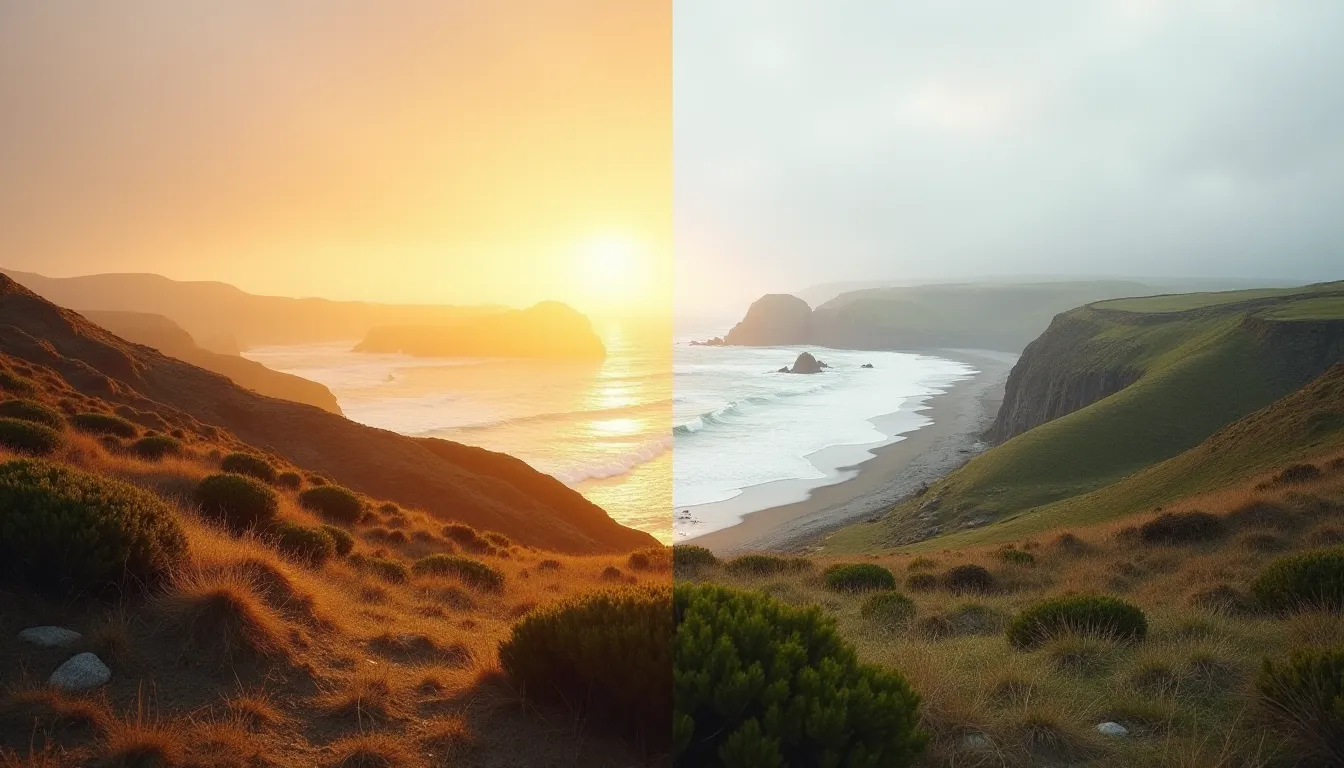 Comparaison entre lumière dorée rasante et lumière diffuse par temps couvert sur un paysage côtier, illustrant les différents types de lumière naturelle en photographie