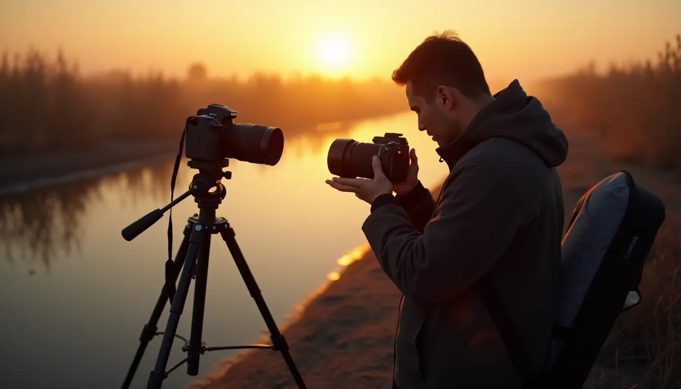 Photographe préparant son équipement au bord d'un marais à l'aube pour planifier une séance exploitant tout pour la lumière naturelle du lever du soleil