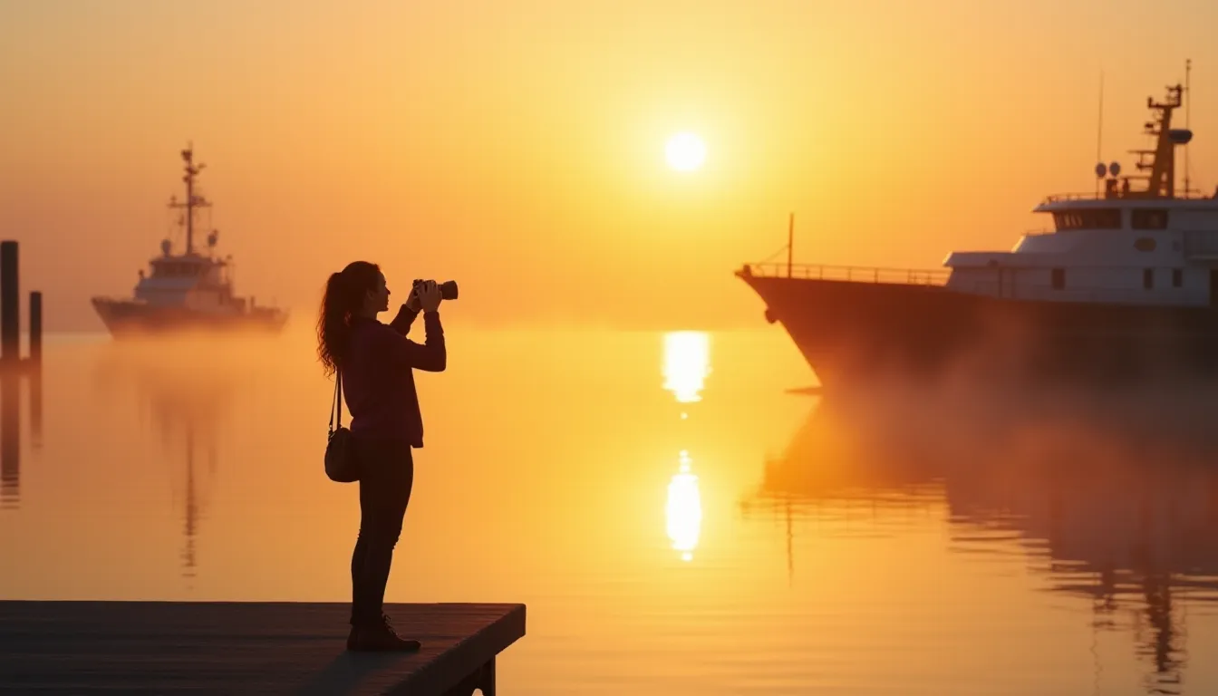 Photographe en silhouette au bord d'un port au lever du soleil, exploitant tout pour la lumière naturelle dorée se reflétant sur l'eau calme