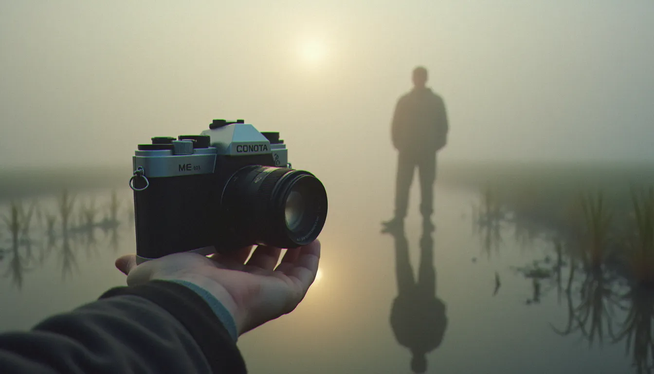 Photographe tenant un appareil de moyen format dans les marais salants à l'aube, lumière naturelle diffuse et brume matinale