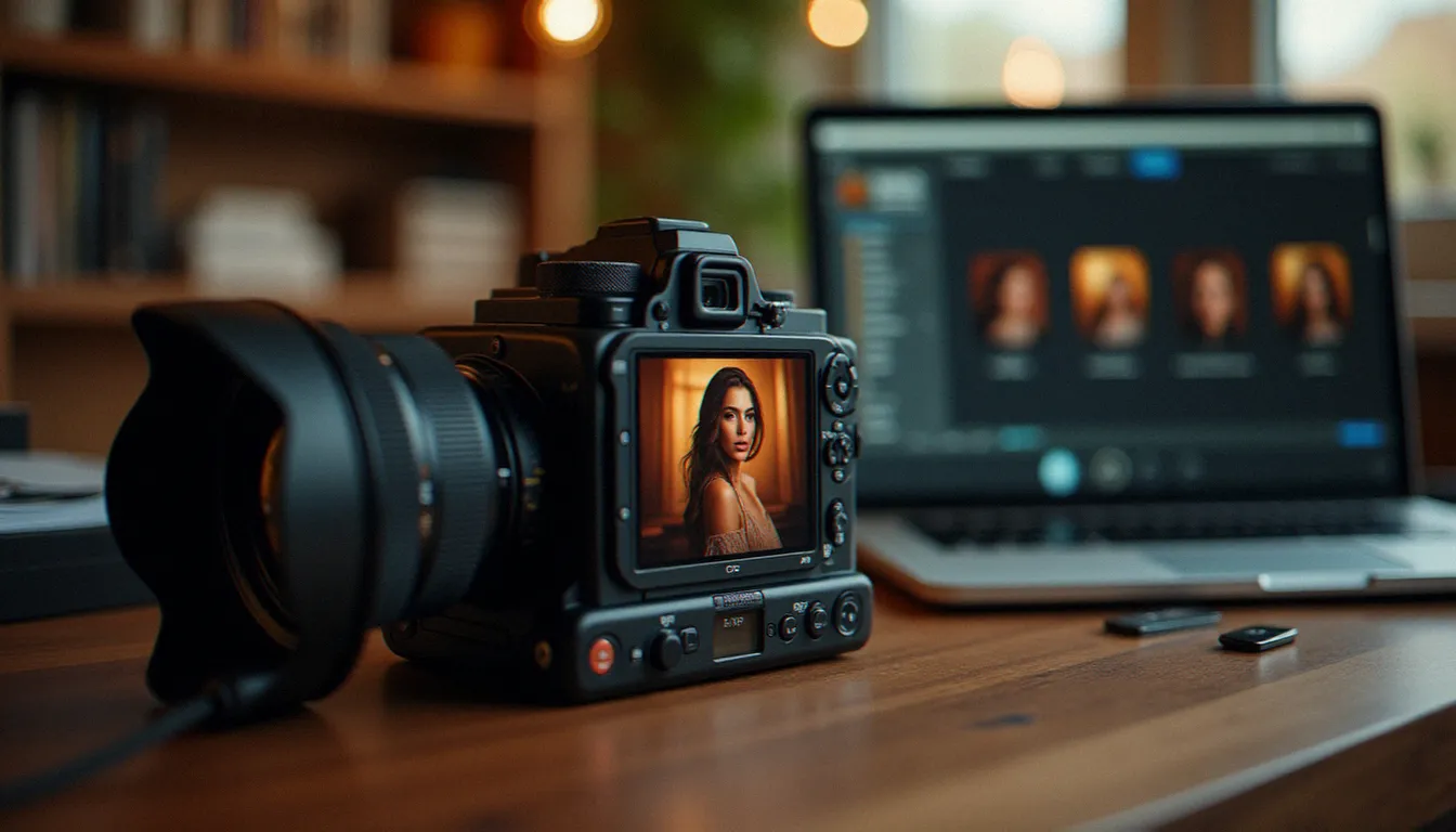 Écran d'un appareil photographique de moyen format montrant un portrait en cours de retouche sur poste de travail professionnel