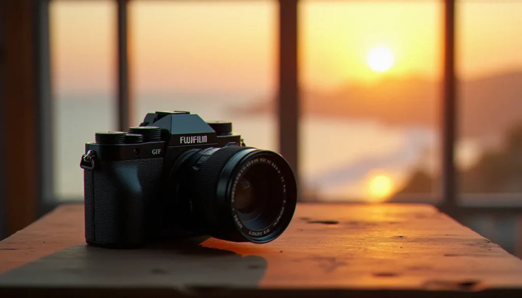 appareil photographique de moyen format featured Appareil photographique de moyen format Fujifilm GFX posé près d'une fenêtre baignée de lumière dorée en bord de mer