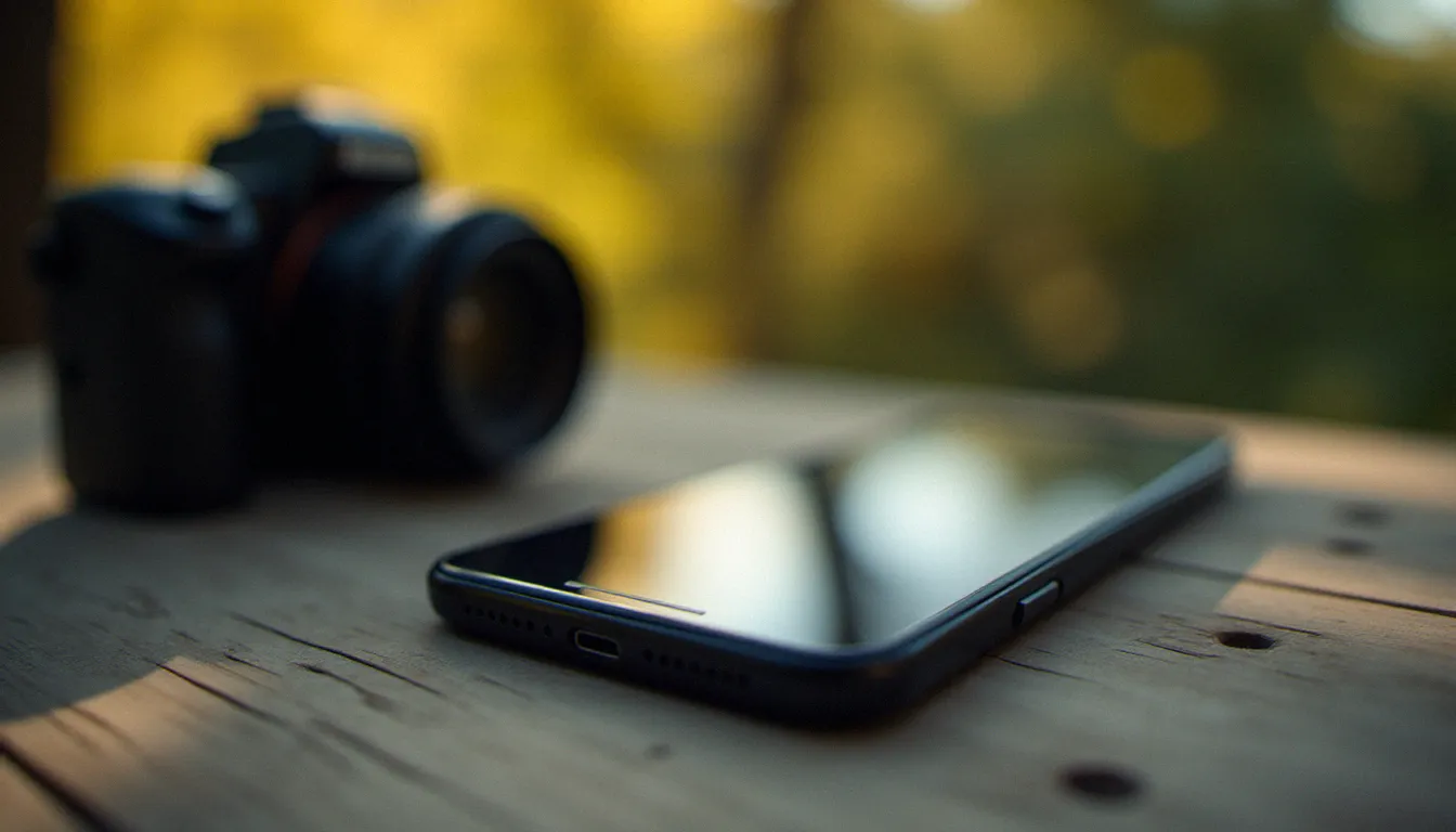 Smartphone affichant une conversation ChatGPT sur la composition photographique et la lumière naturelle, posé à côté d'un appareil photo professionnel sur une table en bois en extérieur