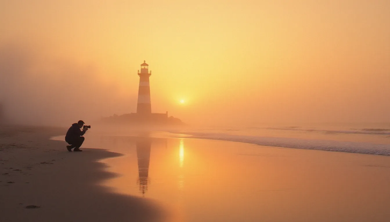 Photographe en silhouette capturant un phare charentais dans la brume dorée du lever du soleil sur la côte atlantique, image inspirée d'une préparation visuelle réalisée avec ChatGPT