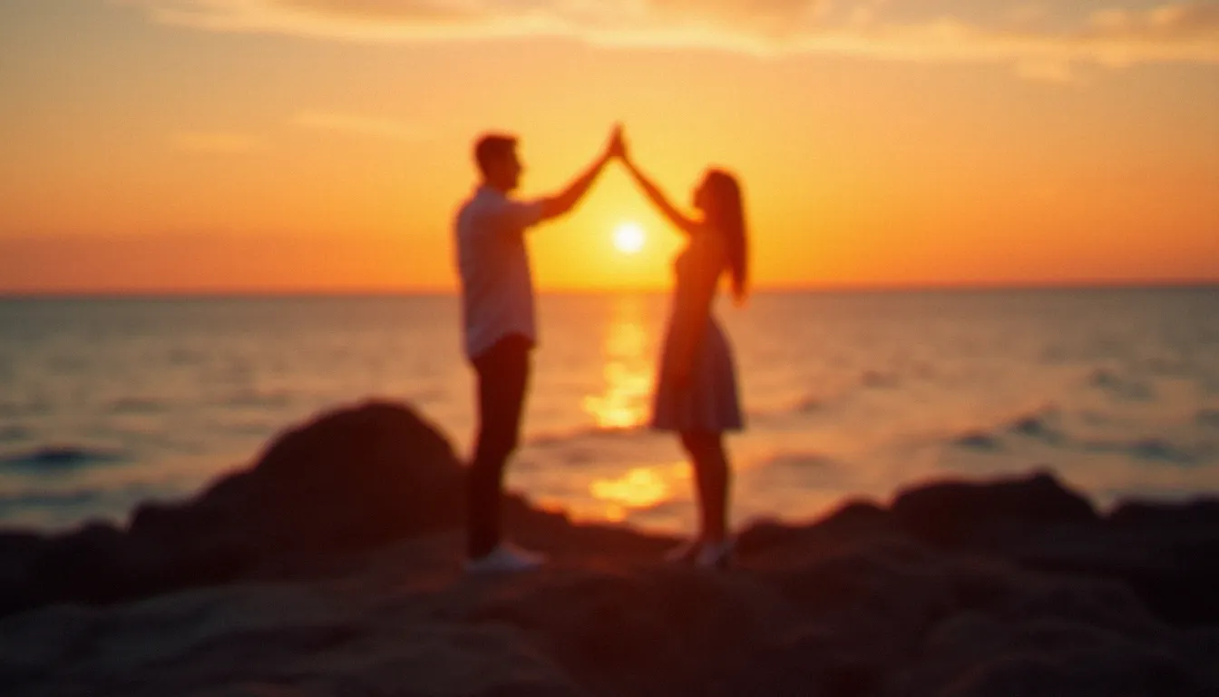 Photo avec des coeurs formée par les mains d'un couple en contre-jour sur la côte atlantique au coucher du soleil, lumière dorée naturelle