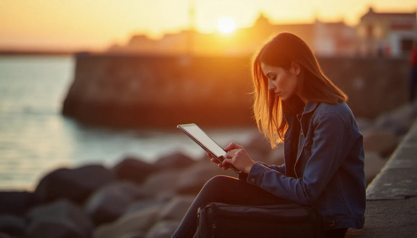 Photographe professionnelle consultant les métadonnées et signatures numériques de ses photos sur une tablette au bord du port en lumière dorée, illustrant l'intégration quotidienne de la photo avec signature numérique dans le flux de travail artistique