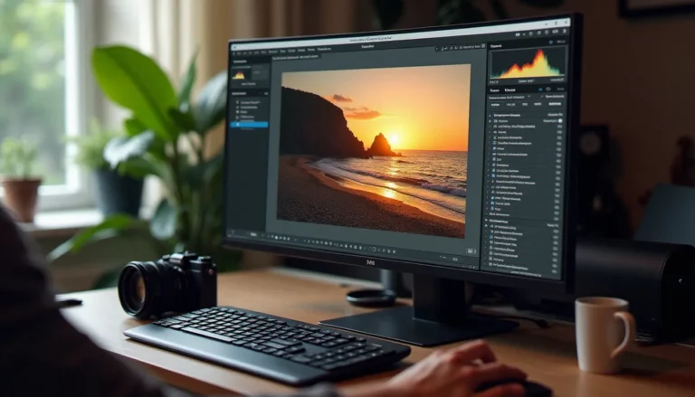 Poste de travail d'une photographe professionnelle ajoutant une signature numérique à une photo de paysage côtier dans Adobe Lightroom, illustrant le processus de protection des droits d'auteur par photo avec signature numérique