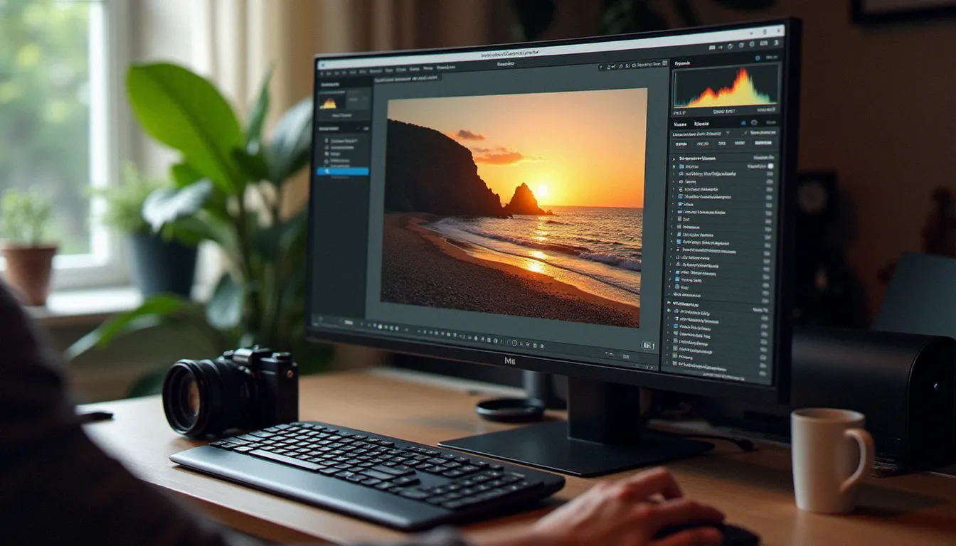 Poste de travail d'une photographe professionnelle ajoutant une signature numérique à une photo de paysage côtier dans Adobe Lightroom, illustrant le processus de protection des droits d'auteur par photo avec signature numérique