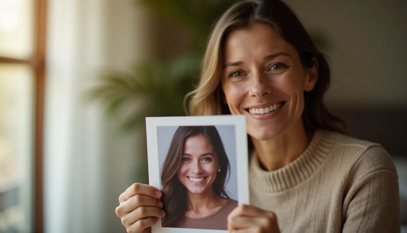 Cliente souriante tenant sa photo portrait avec émotion en lumière naturelle de fenêtre, illustration authentique d'un avis client photographique