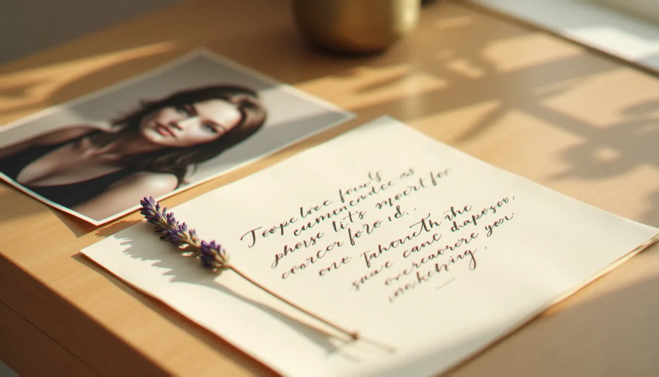 Mise en scène poétique d'une photo avis client imprimée posée avec un témoignage manuscrit sur bureau en chêne clair en lumière naturelle douce