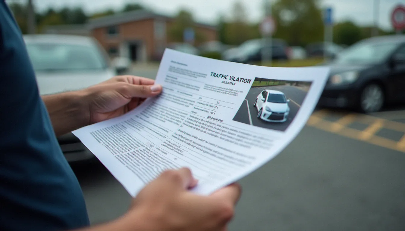 Conducteur examinant attentivement la photo d'infraction figurant sur son avis de contravention dans un parking urbain en lumière naturelle douce
