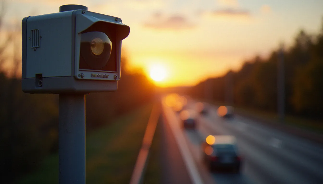 Radar fixe de contrôle de vitesse installé sur une route française au crépuscule, montrant la caméra utilisée pour la photo avis de contravention automatisée