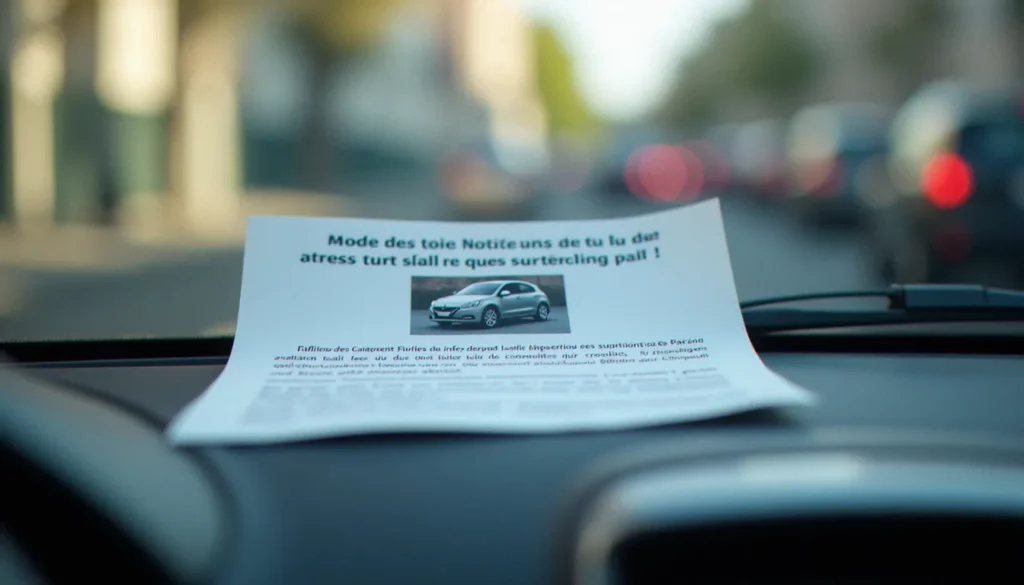 photo avis de contravention featured Gros plan sur un avis de contravention posé sur un pare-brise de voiture, montrant la photo avis de contravention imprimée sur le document officiel en lumière naturelle