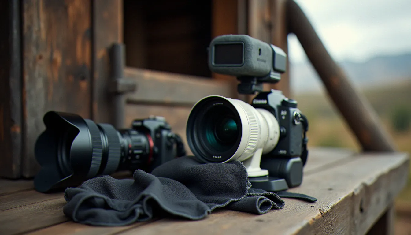 Matériel photographique professionnel pour la photo de poulain au vent : téléobjectif 400 mm avec housse imperméable, boîtier hybride et accessoires de protection disposés près d'une écurie sous ciel nuageux