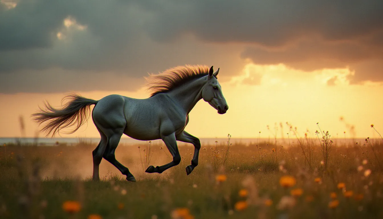 Poulain gris pommelé en plein galop dans une prairie côtière venteuse sous lumière dorée du coucher de soleil, crinière argentée au vent face à un ciel dramatique, ambiance atmosphérique caractéristique des journées de coup de vent en Charente-Maritime