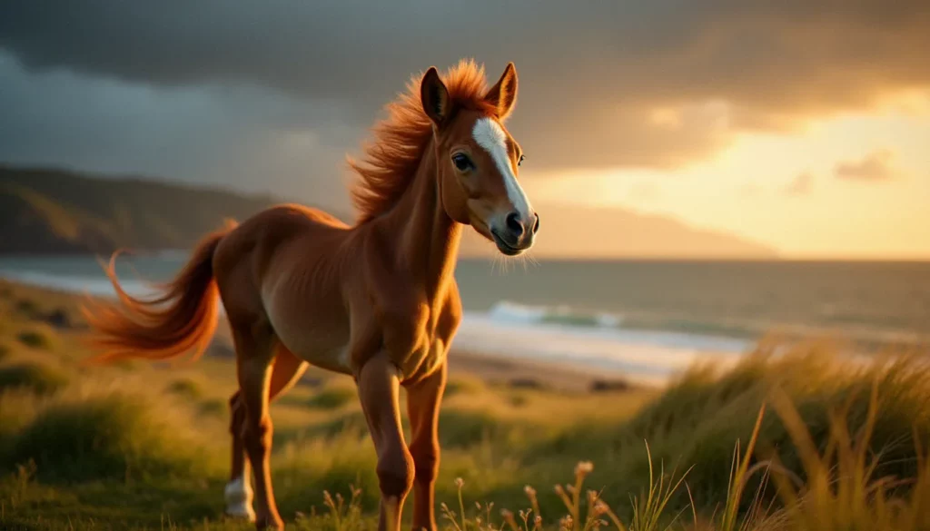 photo avis de coup de vent sur les poulains featured Photo d'un poulain alezan sous un avis de coup de vent, crinière soufflée par la bourrasque atlantique, regard alerte dans une prairie côtière au lever du soleil dorée