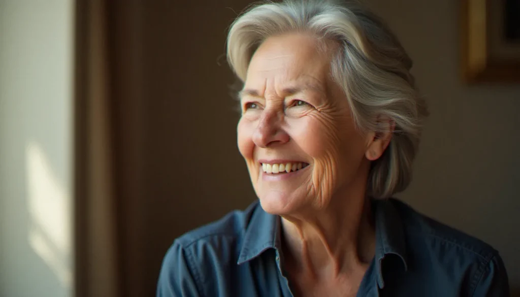 photo avis de deces featured Portrait d'une femme âgée souriant en lumière naturelle douce devant un fond neutre, exemple de photo avis de décès digne et émouvante
