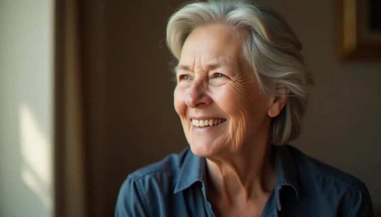 Portrait d'une femme âgée souriant en lumière naturelle douce devant un fond neutre, exemple de photo avis de décès digne et émouvante