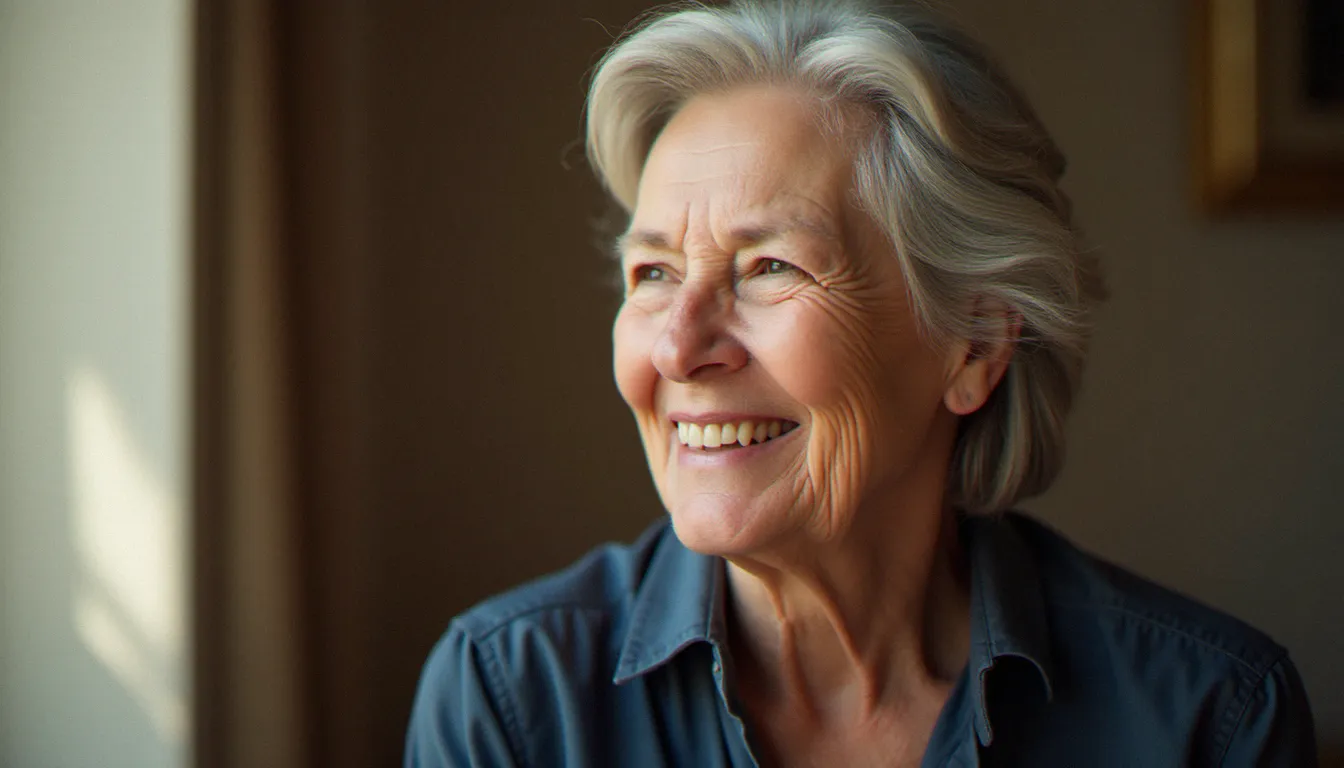 Portrait d'une femme âgée souriant en lumière naturelle douce devant un fond neutre, exemple de photo avis de décès digne et émouvante