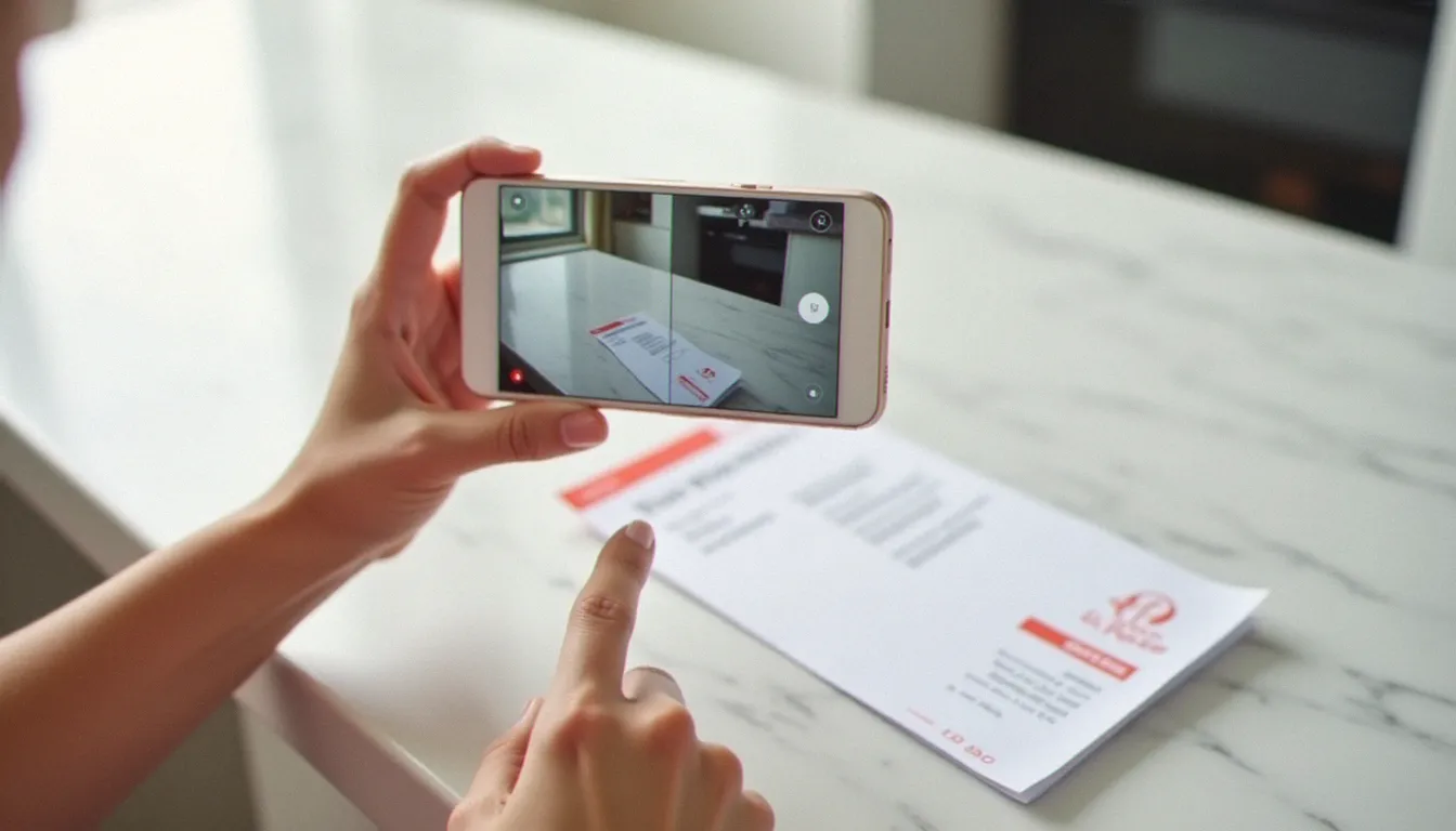 Mains tenant un smartphone au-dessus d'un avis de passage La Poste posé à plat sur un plan de travail blanc, cadré dans l'application appareil photo avec la lumière naturelle latérale d'une fenêtre