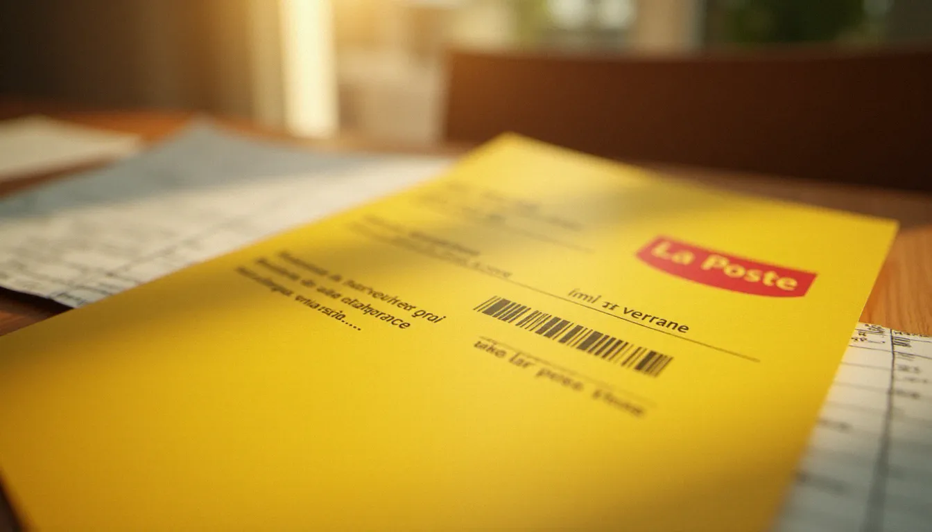 Gros plan sur le code-barres et le numéro de référence d'un avis de passage La Poste, parfaitement net sous un éclairage naturel latéral doux qui accentue le contraste du texte imprimé