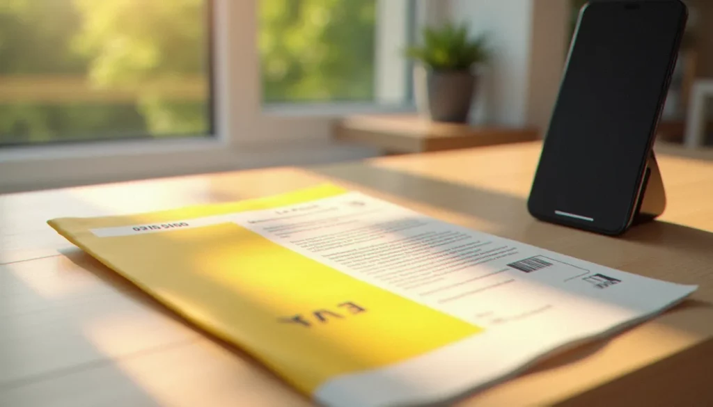 photo avis de passage la poste featured Photo d'un avis de passage La Poste posé sur une table en bois clair éclairé par la lumière naturelle d'une fenêtre, avec un smartphone au-dessus prêt à photographier le document