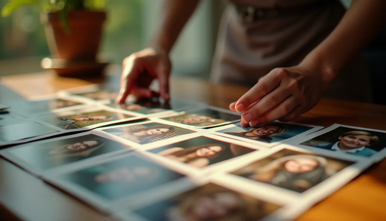 Sélection de photographies imprimées sur une table en bois pour constituer une photo avis de recherche, lumière naturelle chaleureuse de fenêtre
