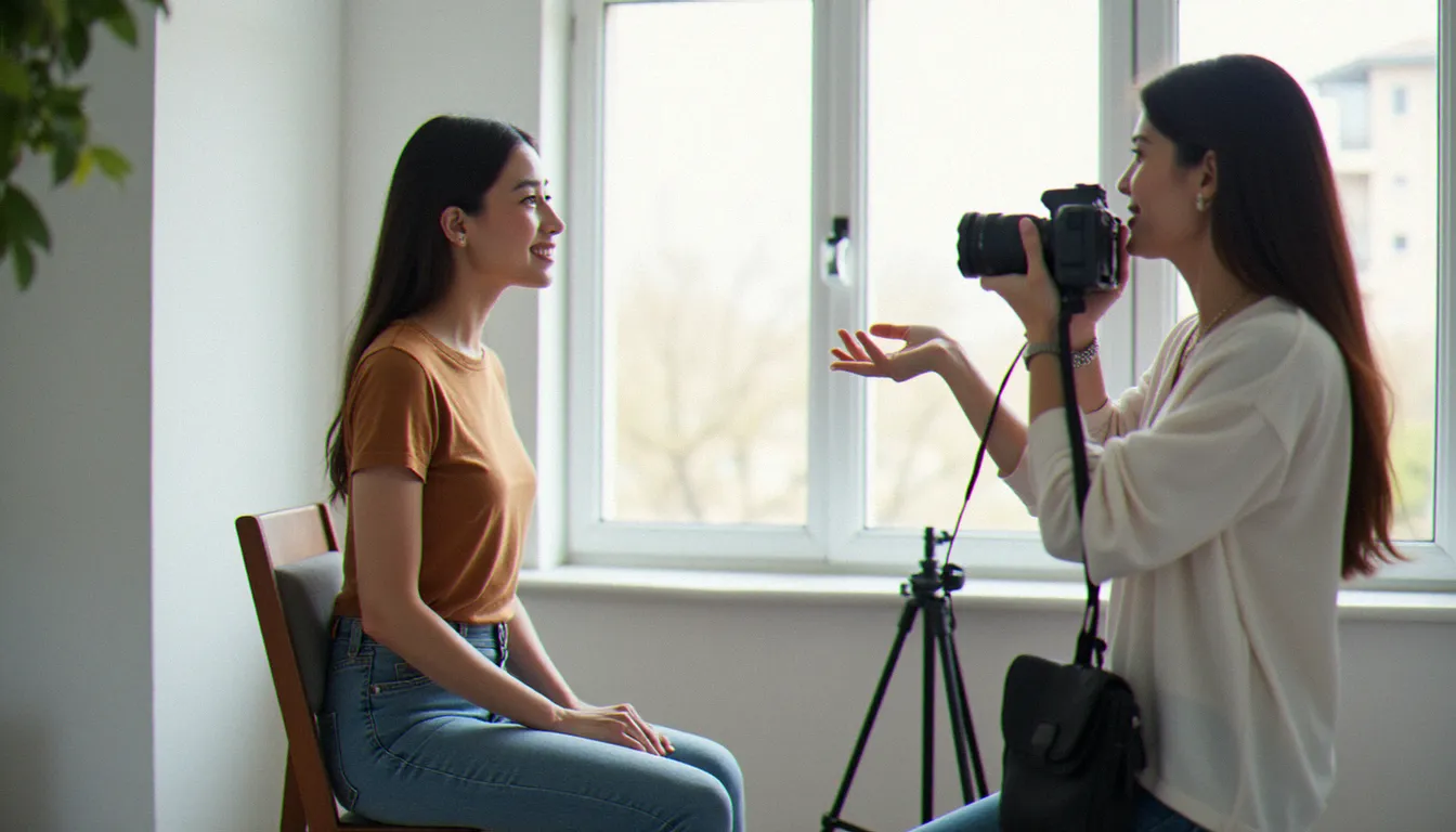 Photographe positionnant son sujet près d'une fenêtre pour un portrait en lumière naturelle douce, illustrant la technique idéale pour réaliser une photo avis de recherche