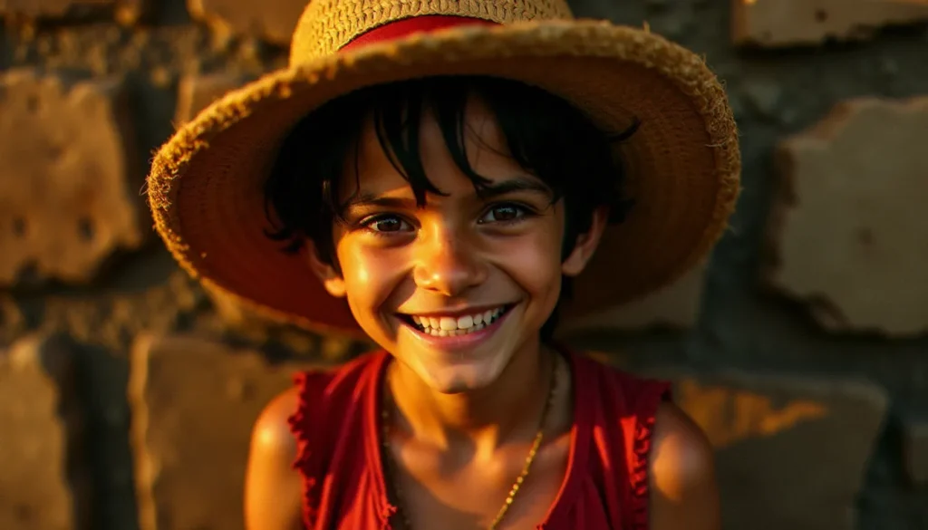 photo avis de recherche luffy featured Portrait cosplay en lumière naturelle dorée d'un modèle incarnant Luffy avec chapeau de paille, capturé pour une photo avis de recherche Luffy dramatique et cinématographique