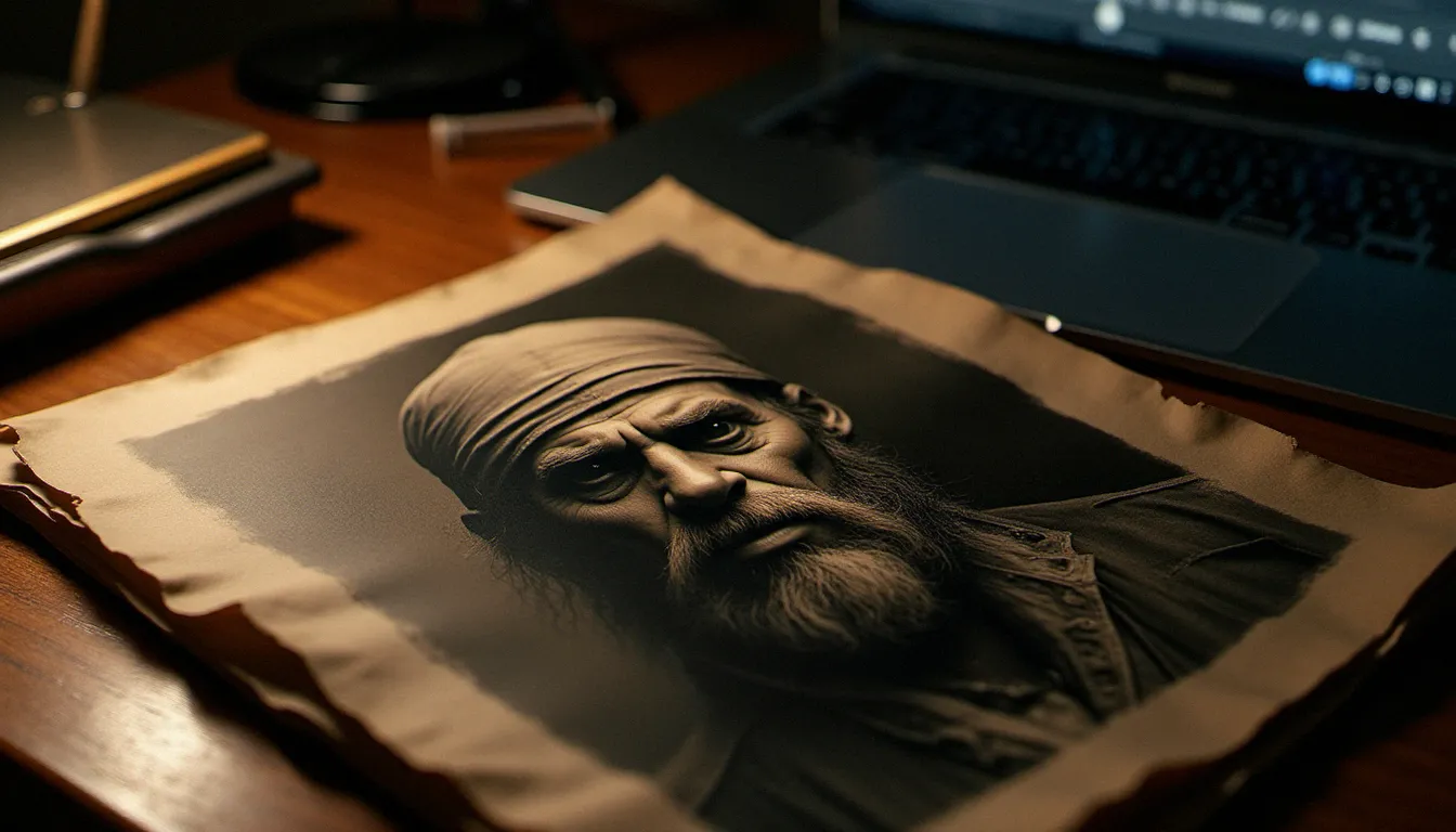 Résultat de post-traitement d'une photo avis de recherche One Piece imprimée sur papier vieilli texturé, avec tonalité sépia et contraste dramatique obtenu via logiciel de retouche Lightroom