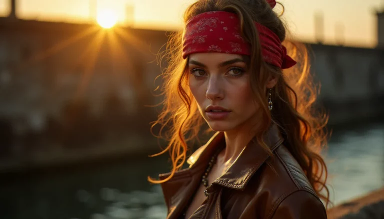 Portrait style photo avis de recherche One Piece en lumière dorée naturelle, femme cosplayée en pirate avec expression farouche et éclairage latéral dramatique