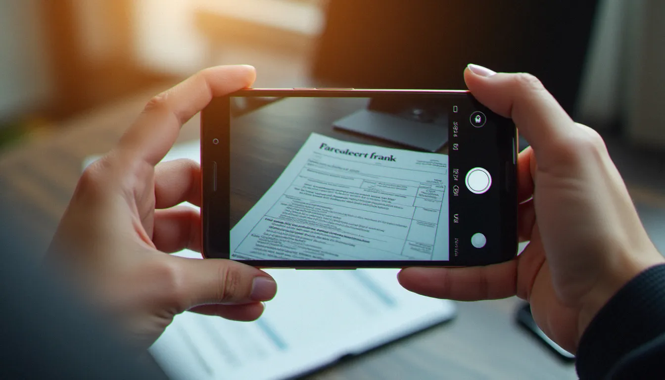 Mains tenant un smartphone au-dessus d'un avis d'imposition posé sur un bureau sombre, le document parfaitement cadré dans le viseur en lumière naturelle matinale