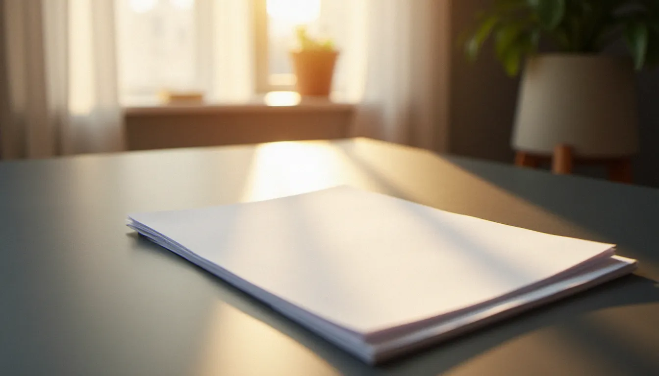 Document officiel blanc photographié en lumière naturelle douce et oblique depuis une fenêtre voilée, sans reflet ni éblouissement, dans une ambiance matinale apaisante