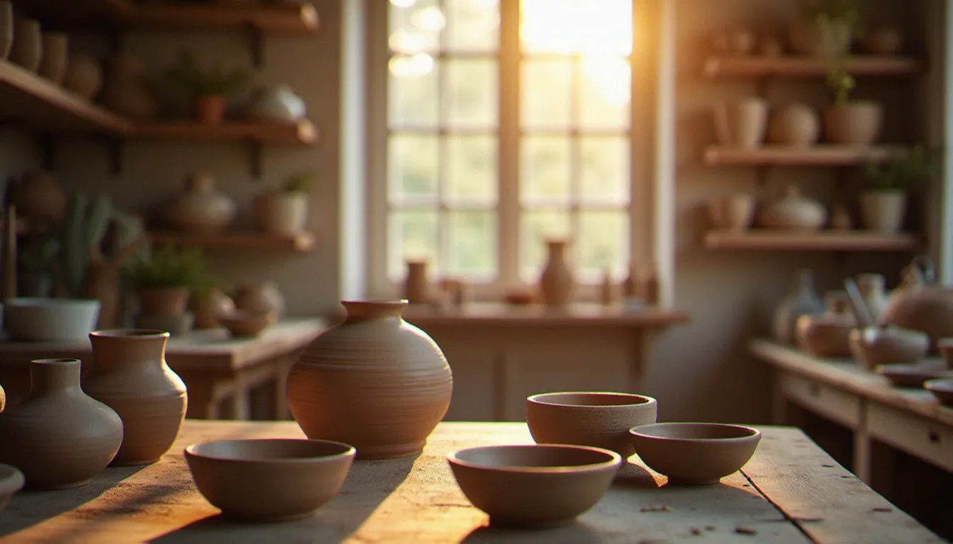 Atelier de céramique artisanale éclairé par une lumière naturelle douce et diffuse révélant les textures de l'argile, exemple idéal de lumière pour réussir une photo avis Google authentique