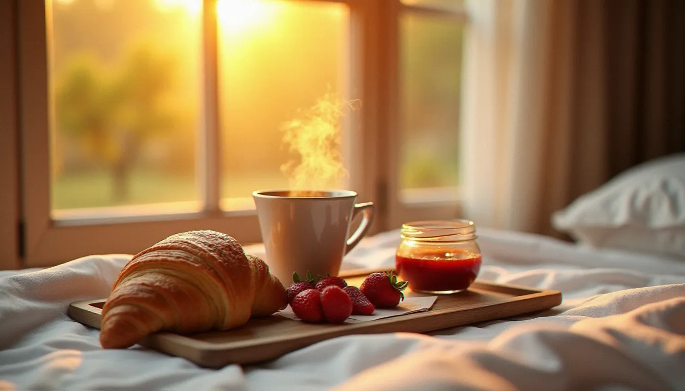 Plateau-petit-déjeuner d'un gîte charentais photographié en lumière rasante du lever de soleil, illustrant la puissance d'une photo avis Google soignée pour déclencher des réservations