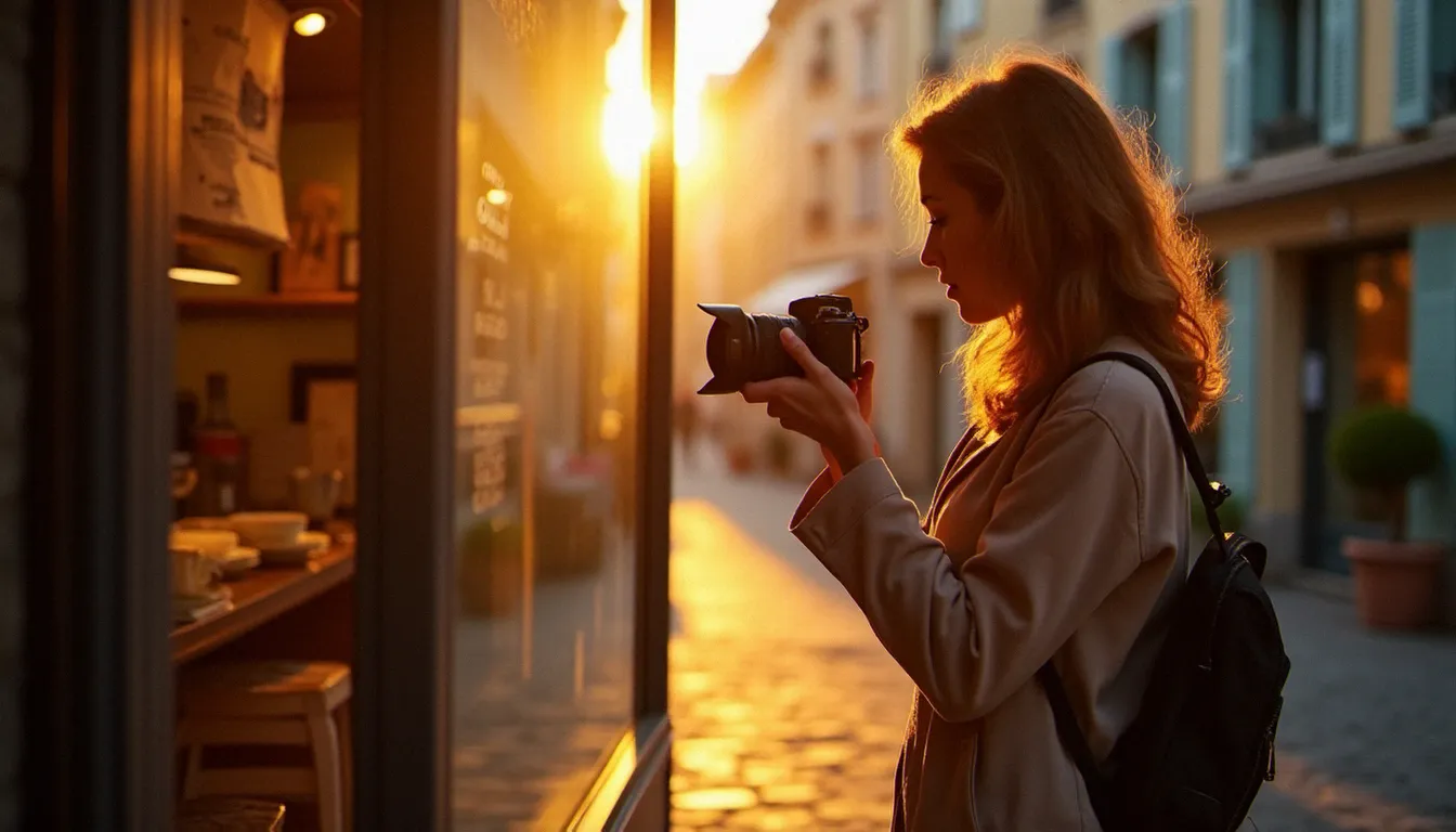 Photographe professionnelle composant une photo avis Google dans un commerce baigné de lumière naturelle dorée lors de l'heure dorée matinale à La Rochelle