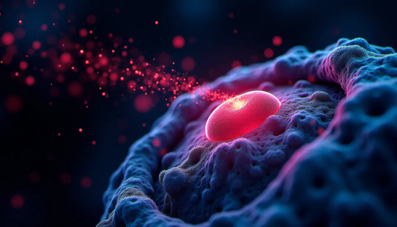 Visualisation microscopique des mitochondries cellulaires absorbant les photons rouges lors d'une séance de photo bio modulation laser, rendu scientifique lumineux