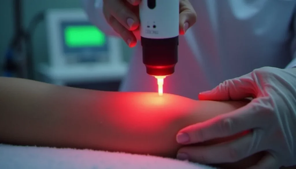 photo bio modulation laser featured Appareil de photo bio modulation laser projetant un faisceau rouge concentré sur la peau d'un avant-bras dans un environnement clinique propre et lumineux